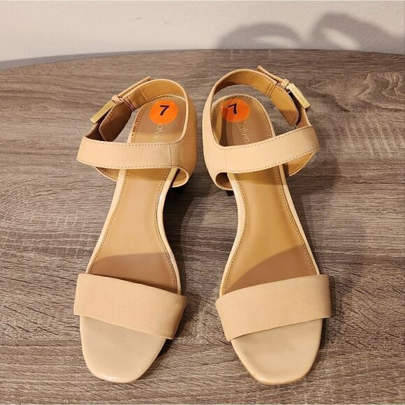 CALVIN KLEIN WOMEN SANDALS BEIGE COLOR BROWN HEEL WITCH GOLD INSCRIPTION saze 7 - Picture 5 of 5